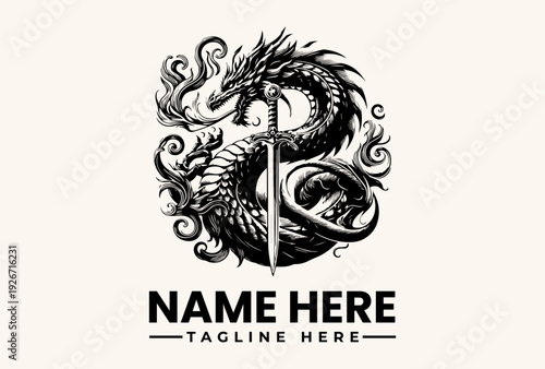 Black and white illustration of a dragon logo with a sword, surrounded by swirling patterns on a beige background, with space for a name and tagline.