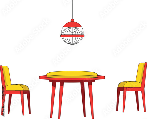 Modern dining table with chairs and hanging lamp illustration, colorful interior furniture design, minimal flat style home decor isolated background