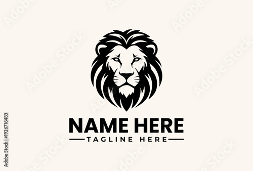 A black and white illustration of a lion's head logo with a placeholder text on a beige background, featuring a stylized mane and facial features.