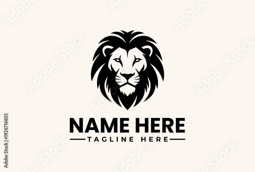 A stylized black and white illustration of a lion's head with a mane, accompanied by text placeholders for a name and tagline on a beige background, featuring a logo and vector graphic