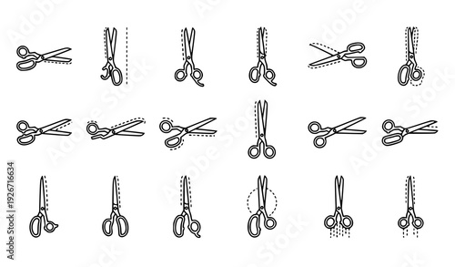 Scissors Cutting Line Icon Set with Dotted and Dashed Cut Paths Vector Illustration