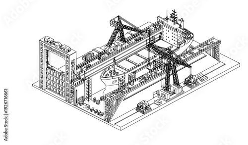 Isometric shipbuilding dry dock cutaway vector illustration