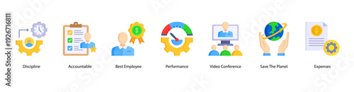 Performance and Sustainability web banner vector illustration featuring Discipline, Accountable, Best Employee, Performance, Video Conference, Save The Planet, and Expenses.