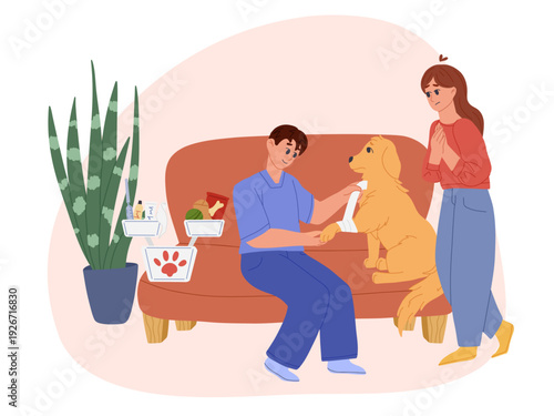Veterinary house call for injured dog. Professional in-home pet medical care with veterinarian and owner. Flat vector illustration for veterinary services, emergency clinics, websites, apps, posters