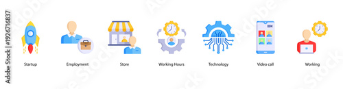Startup and Employment web banner vector illustration featuring Startup, Employment, Store, Working Hours, Technology, Video Call, and Working.