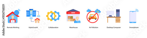 Hybrid Workplace web banner vector illustration featuring Remote Working, Hybrid Work, Collaboration, Warehouse, Air Pollution, Desktop Computer, and Smartphone.