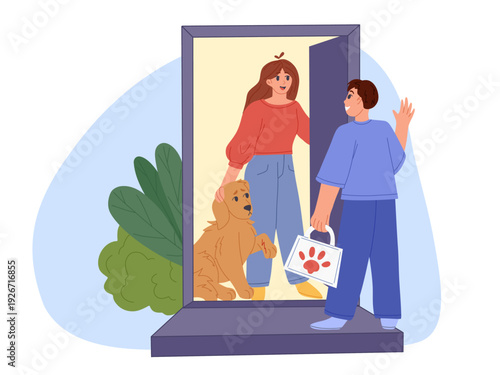 Veterinary house call for injured dog at home. In-home pet medical care scene with vet and owner. Flat vector illustration for veterinary services, pet clinic websites, apps and posters