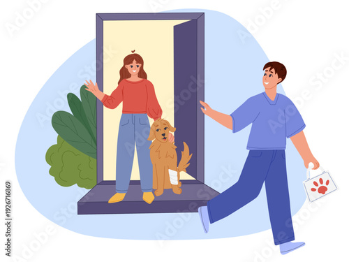 Veterinarian leaving home after providing emergency care, happy dog owner and healthy dog. In-home veterinary service. Flat vector illustration for clinics, pet care services, websites and apps