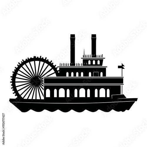 Steamboat silhouette with paddle wheel on calm water background  