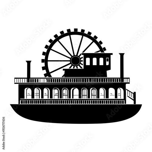 Classic steamboat silhouette with paddle wheel and upper deck  