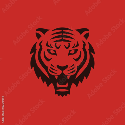 Black tiger head illustration on red background  