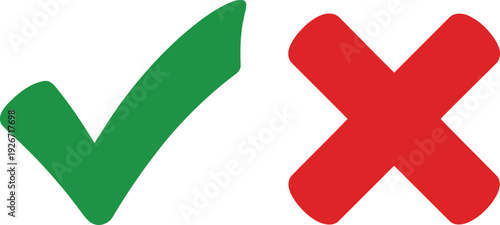 A green checkmark and a red cross on a white background