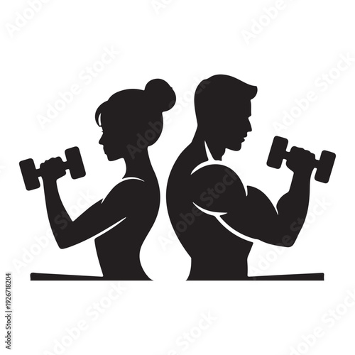 Couple Fitness Dumbbell Silhouette, Partner Workout Training Icon, Gym Exercise Illustration, Healthy Lifestyle Vector