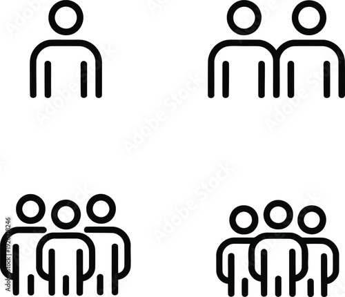 A set of four black and white icons depicting a varying number of people