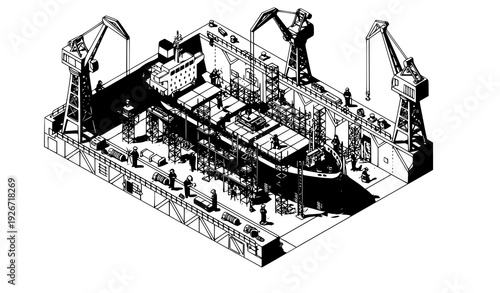 Isometric dry dock shipyard with cargo ship vector illustration EPS 10