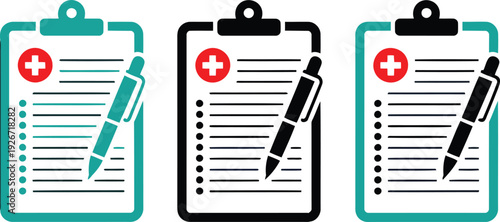 Medical clipboards with red cross symbols and pens