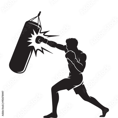 Punching Bag Boxing Silhouette, Combat Sport Training Exercise Icon, Fighter Workout Illustration, Martial Arts Fitness Vector