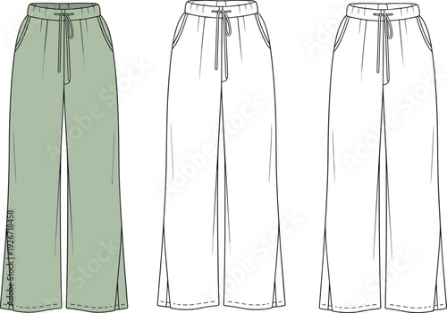 Women wide leg lounge pants technical fashion flat sketch set, drawstring waistband, side pockets, relaxed fit trousers in sage green and neutral colorways