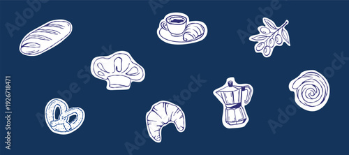 A set of culinary stickers drawn in doodle style. Buns, chef's hat, coffee pot and olive branch for decorating coffee, scrapbooking and other crafts.