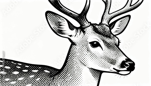 A flat vector black and white illustration of a deer profile in close-up, made with large contrasting dots on a white background.