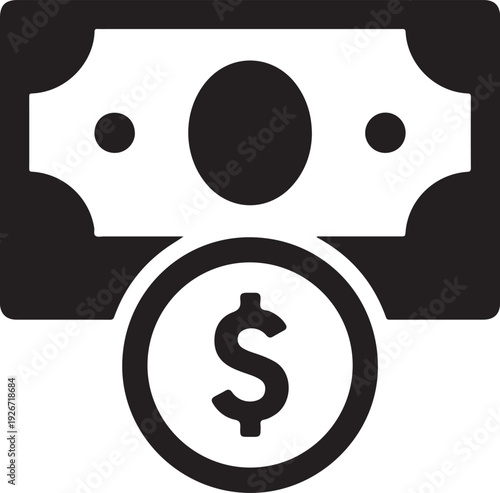 Black and white of dollar bill and coin with dollar sign