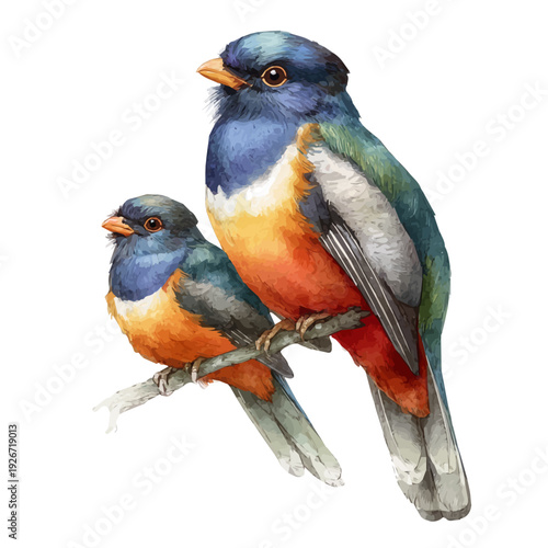 Watercolor painting of Trogon With Its Baby, vector illustration, isolated on white background.