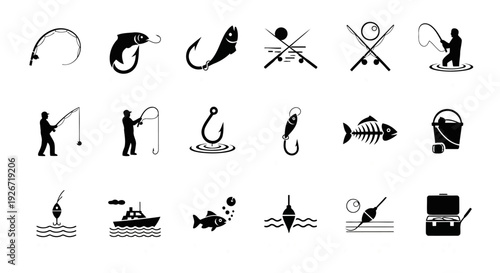 Premium collection of twelve distinctive fishing themed black icons in one balanced frame. Creative negative space silhouettes including rod tension, spinning reel, abstract fish, lure motion