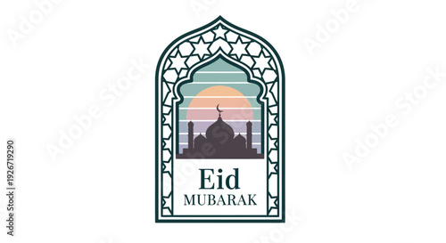 Eid Mubarak celebration with mosque at sunset in Islamic architecture