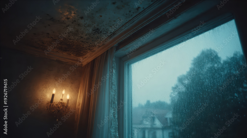 Fototapeta premium Dark moody room interior with wet window looking outside to rainy weather and old dirty ceiling corner with mold spots