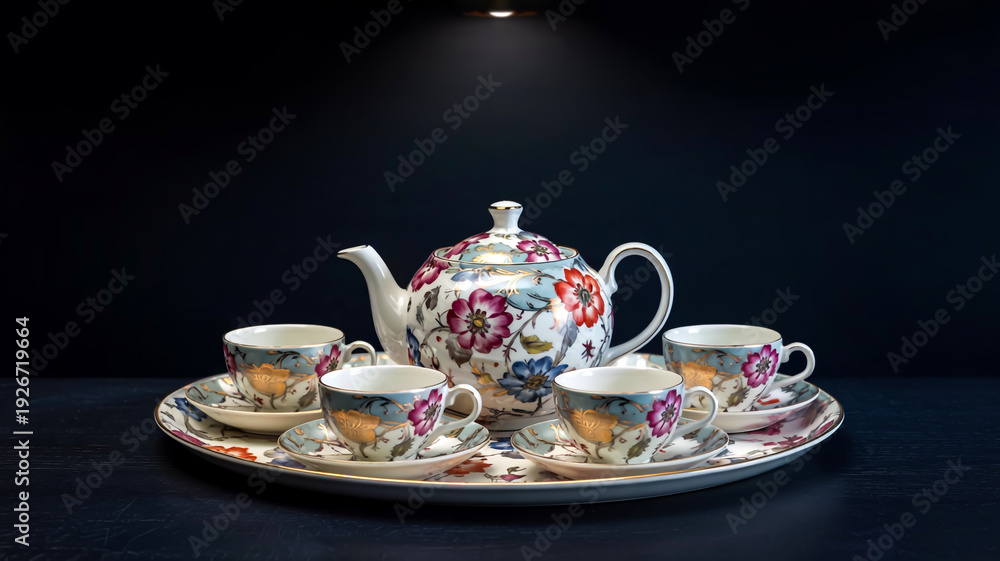 Fototapeta premium A high-quality product photograph of an elegant tea set against a pure black background