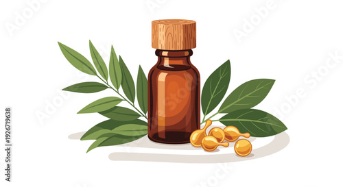A brown glass essential oil bottle with a wooden cap stands next to golden liquid gel capsules and green leaves on white.