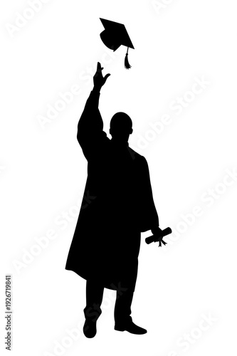 Silhouette of happy graduate celebrating academic milestone with cap in air