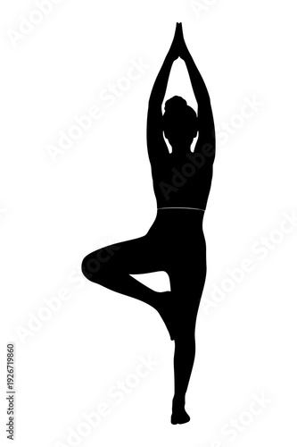 Woman silhouette performing yoga tree pose vector illustration design