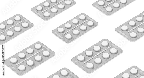 An isometric repetitive pattern of silver blister packs containing round white pills is displayed across a clean white background in diagonal rows.