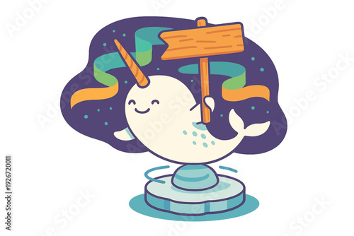 Cute cartoon narwhal holding a blank wooden sign standing on an ice floe under the northern lights