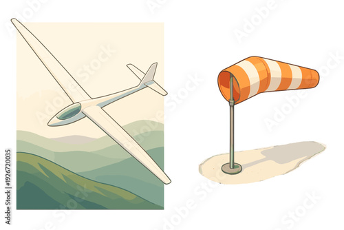 Glider soaring high above rolling green hills next to an orange and white striped windsock