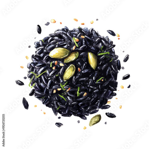 Risotto Nero, watercolor illustration, vector style, isolated on a white background.