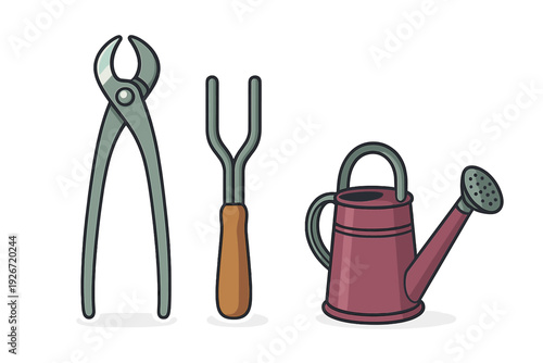 Set of common gardening tools including metal nippers, a hand fork, and a red watering can