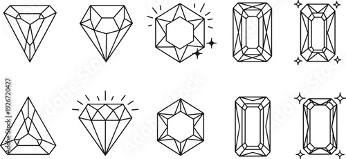 Diamond and gemstone icon set, luxury jewelry symbols, precious stone outlines, emerald cut, crystal sparkle, geometric jewel shapes, wealth, fashion.
