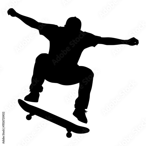 Dynamic vector graphic illustration of a skateboarder performing an airborne trick