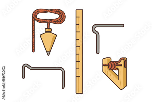 Plumb bob, measuring rod, and layout stakes for construction and surveying work