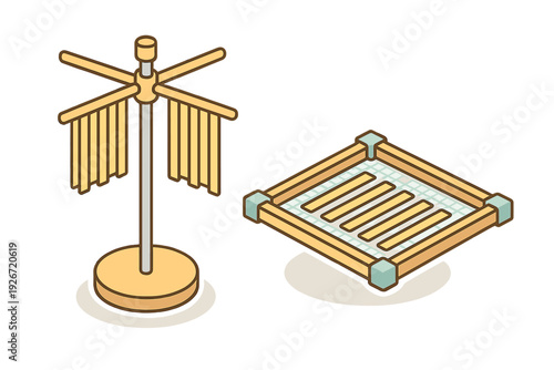 Specialized kitchen equipment for drying fresh pasta noodles including a standing rack and flat tray