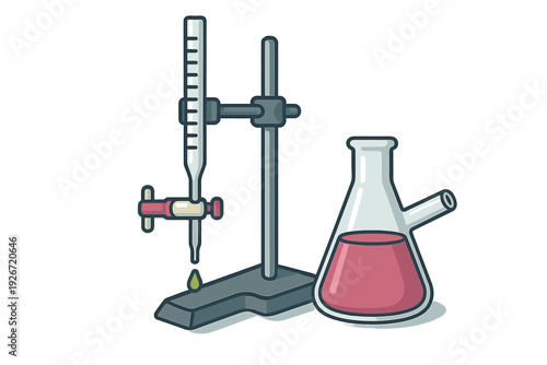 Laboratory titration setup with burette, stand, and Erlenmeyer flask containing liquid