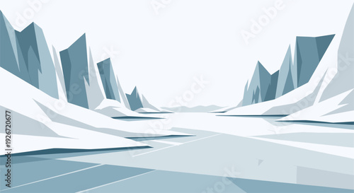 Illustration of icy mountains and frozen landscape viewed from a distant perspective