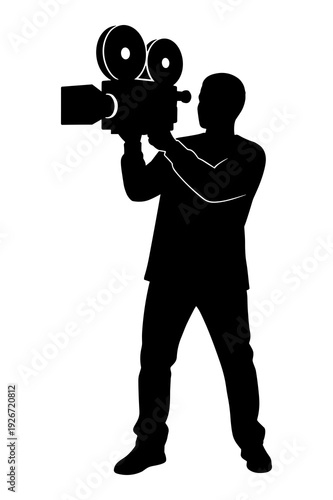 Black silhouette vector illustration of a filmmaker operating a vintage movie camera.