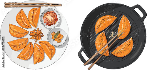 Delicious Gyoza Dumplings with Kimchi and Pickles on a Plate for Japanese and Korean Cuisine Designs