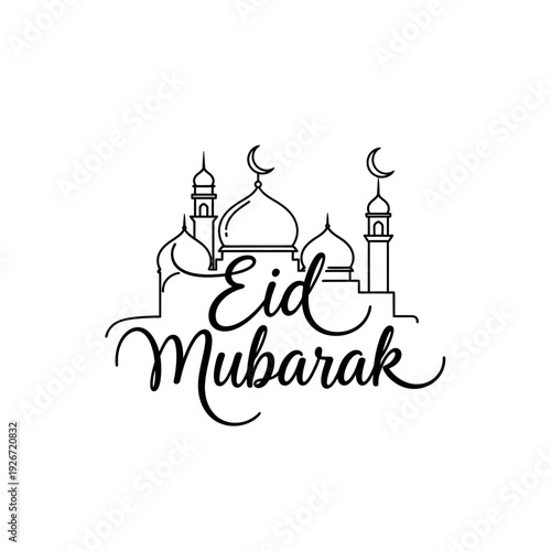 Eid Mubarak Calligraphy with Mosque Silhouette, Islamic Celebration Greeting Card Design