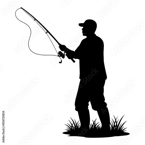 Silhouette vector graphic of fisherman casting rod with bent line outdoors