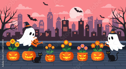 Halloween Ghosts and Pumpkins.