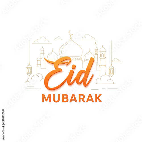 Eid Mubarak Text with Mosque Silhouette and Lanterns, Islamic Celebration Greeting